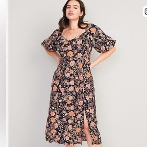 Old Navy Puff-Sleeve Floral-Print Pintucked Smocked Midi Swing Dress